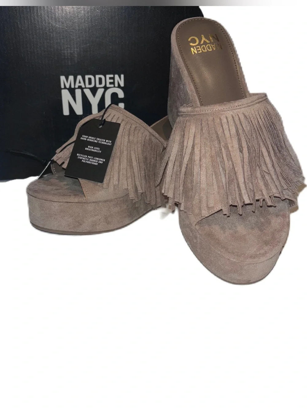 Madden NYC Fringe Wedge Slide Sandals Taupe Faux Suede Platform Size 9 NWT
